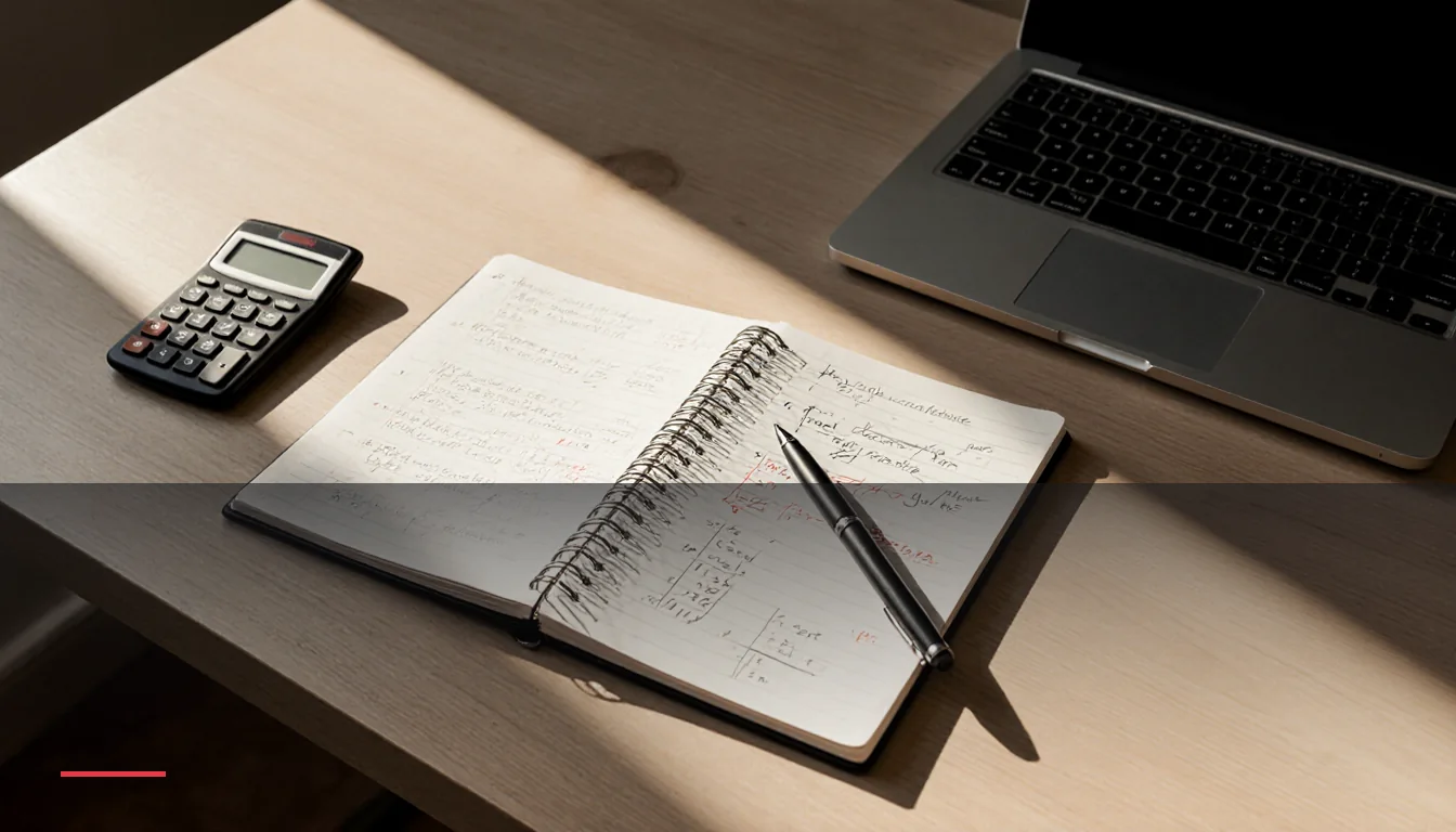 Cuaderno con cálculos, calculadora y notebook sobre un escritorio, ilustrando el presupuesto de una página web