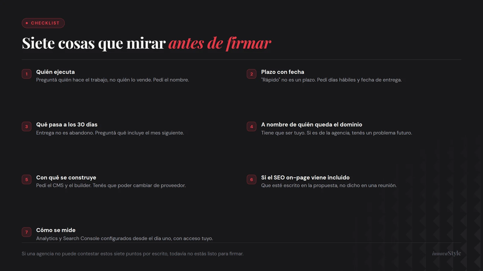 Checklist de siete puntos a verificar antes de contratar una agencia de diseño web